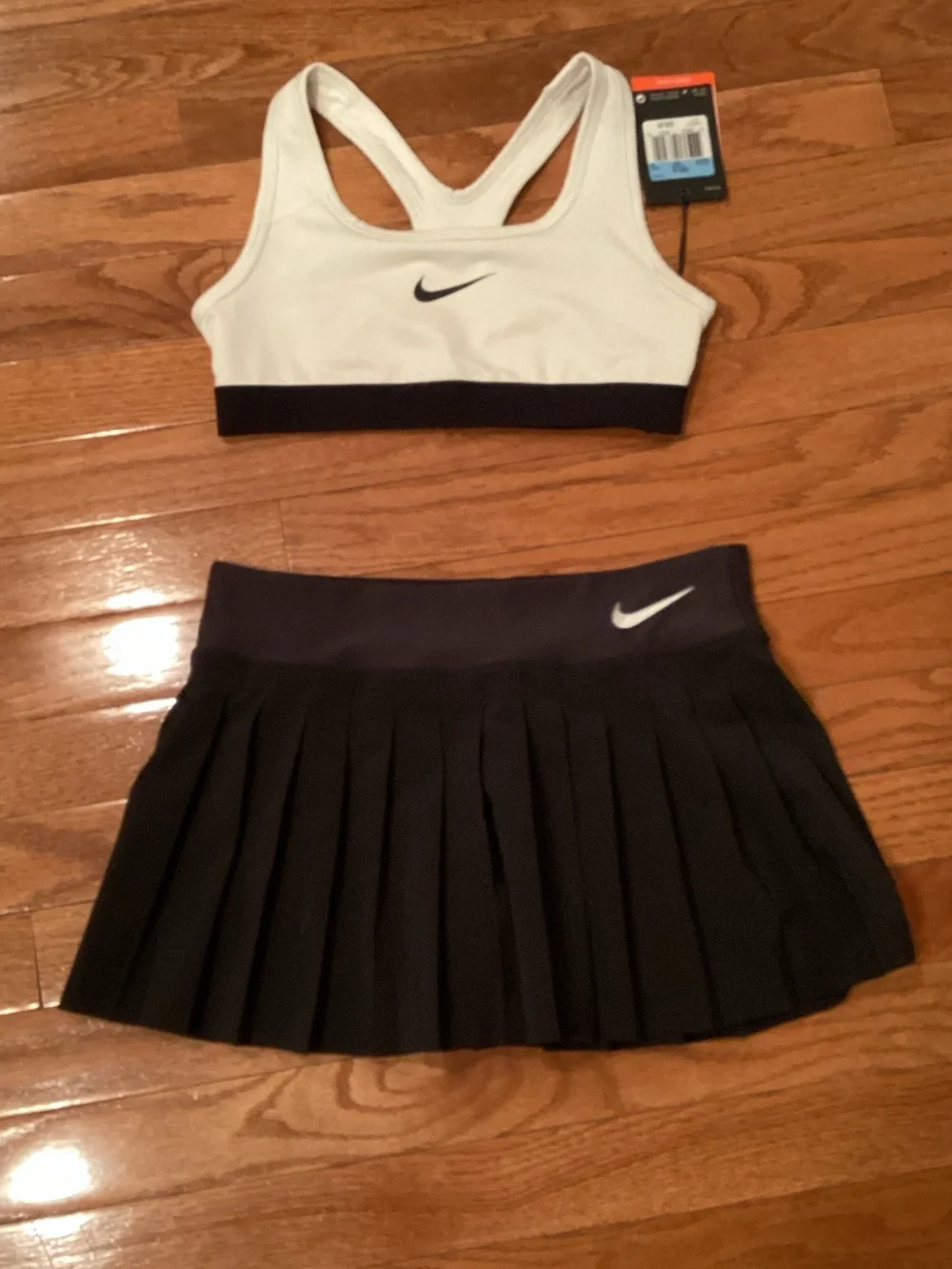 Nike White and Black Girls' Sports Bra with Black Pleated Skort